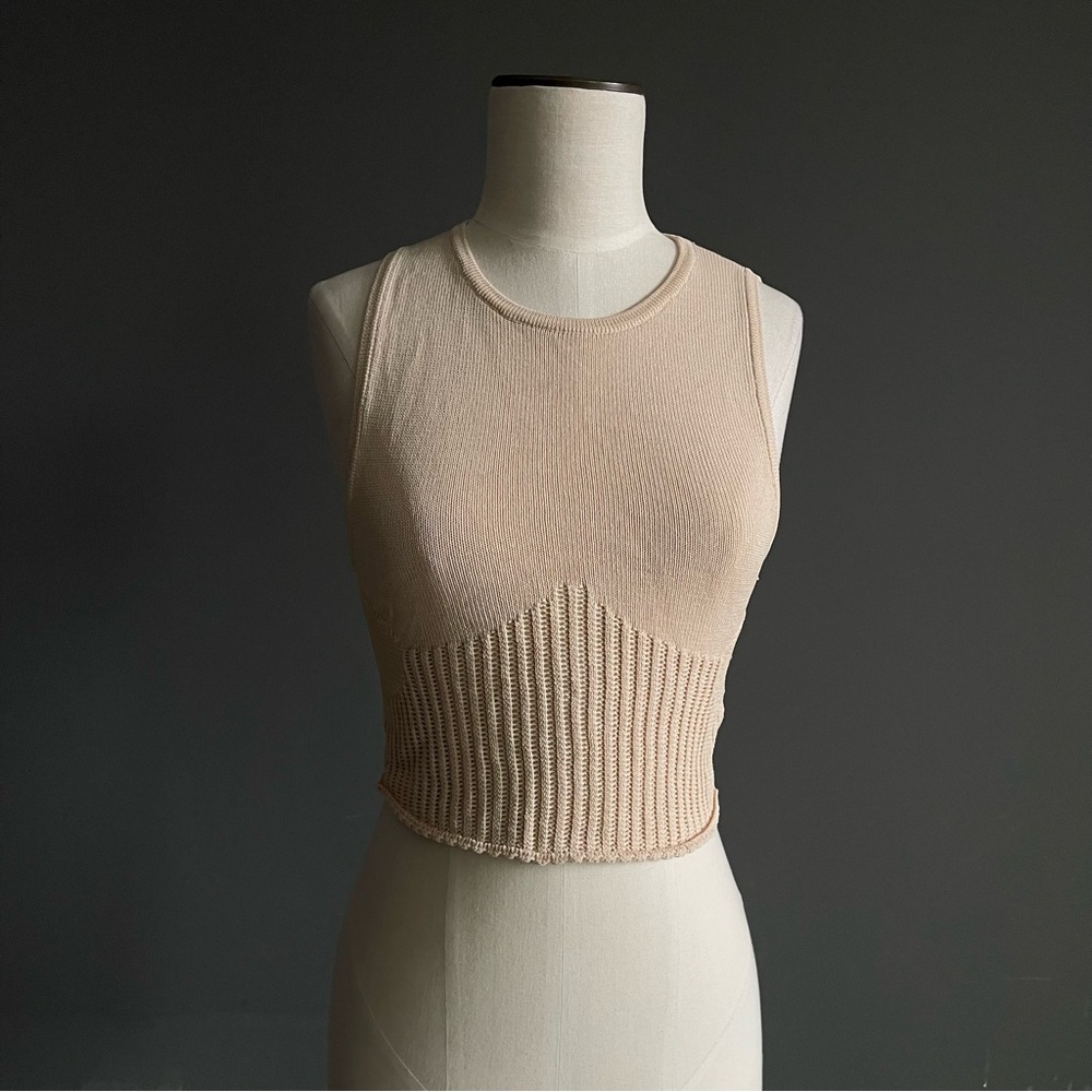 Maniere De Voir Beige Ribbed Knit Crop Tank